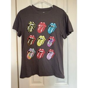 The Rolling Stones Gray Tee with Colorful Tongue Graphics